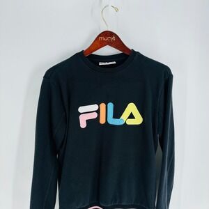 FILA Rainbow‎ Spell Out Crew Neck Classic Pullover Sweatshirt Black Size S